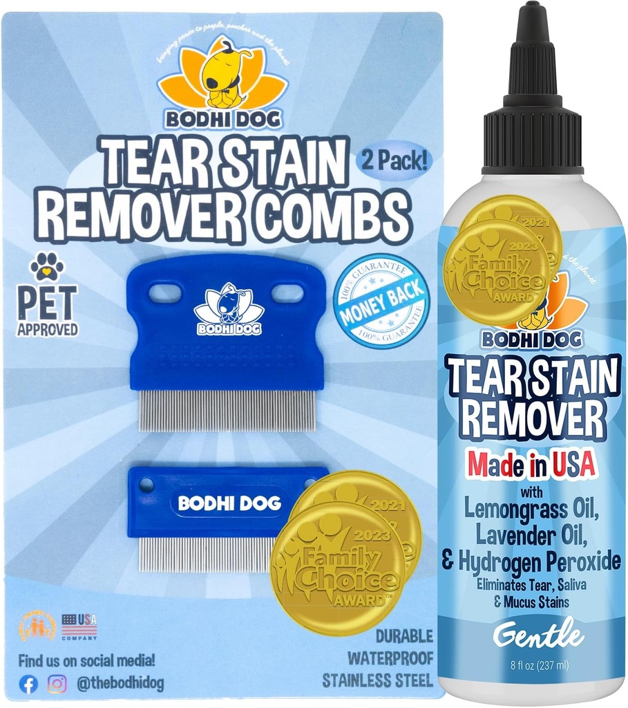 Bodhi Dog Tear Stain Remover & Tear Stain Remover Combs - Gently Removes Stains, Dirt from Pet Eyes - Safe & Gentle on Dogs and Cats - Cleans Delicate Fur - Ideal for Grooming & Tear Stain Prevention