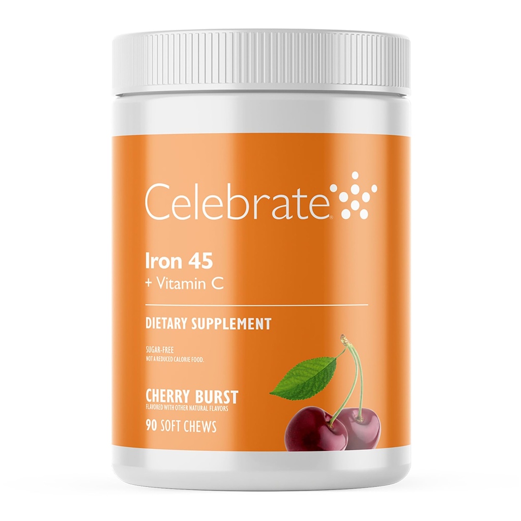 Celebrate Vitamins Iron Supplement med vitamin C - 45mg Iron, 60mg Vitamin C, Bariatric Vitamins för WLS-patienter, Vertikal Sleeve & Gastric Bypass Surgery - Cherry, 90 Soft Chews