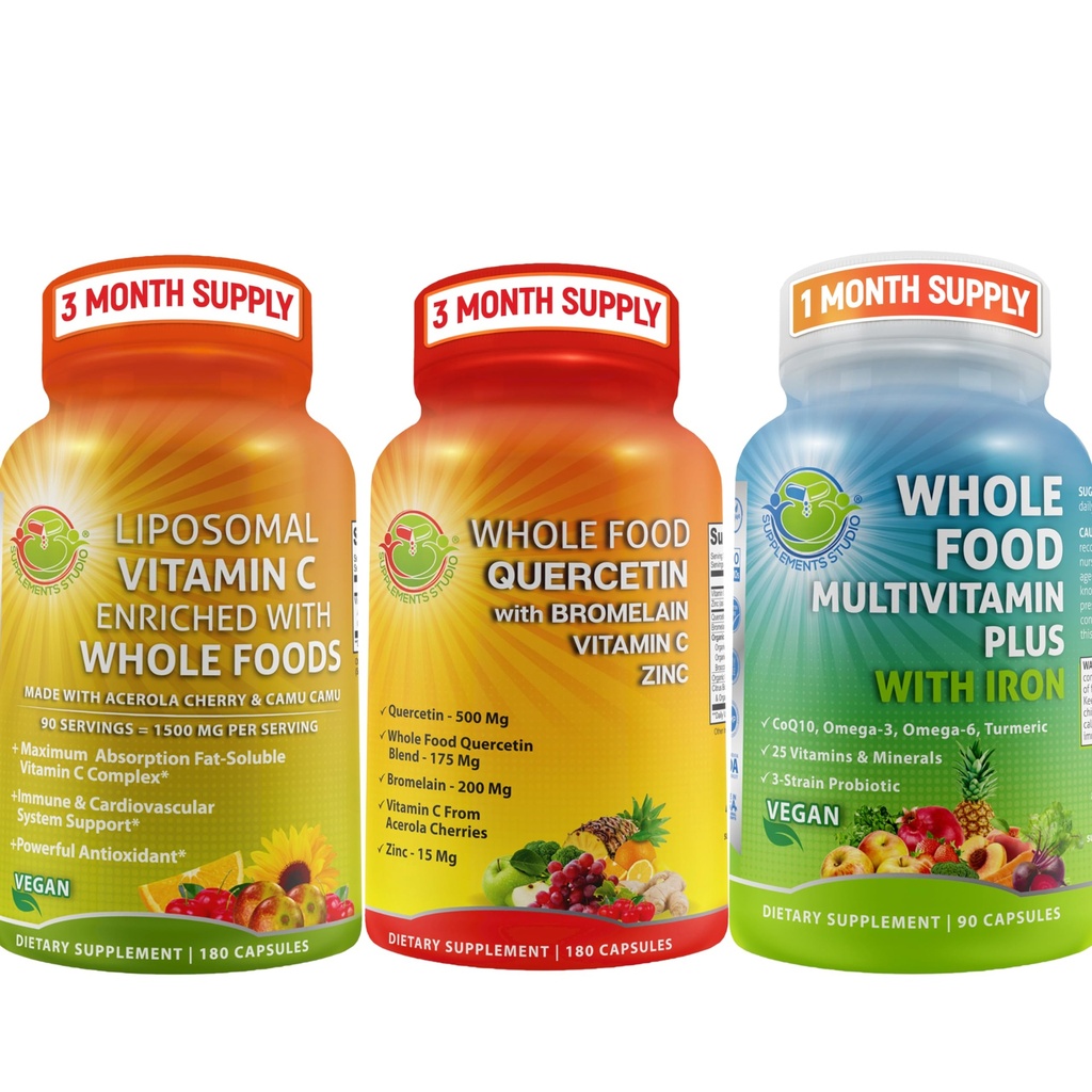 Fullständiga dagliga vitaminer - Quercetin med Bromelain Supplement Bundle Up med Multivitamin Plus för män och kvinnor med järn och Liposomal Vitamin C Liquid Gel - för Immune, Respiratory, Digestive Support