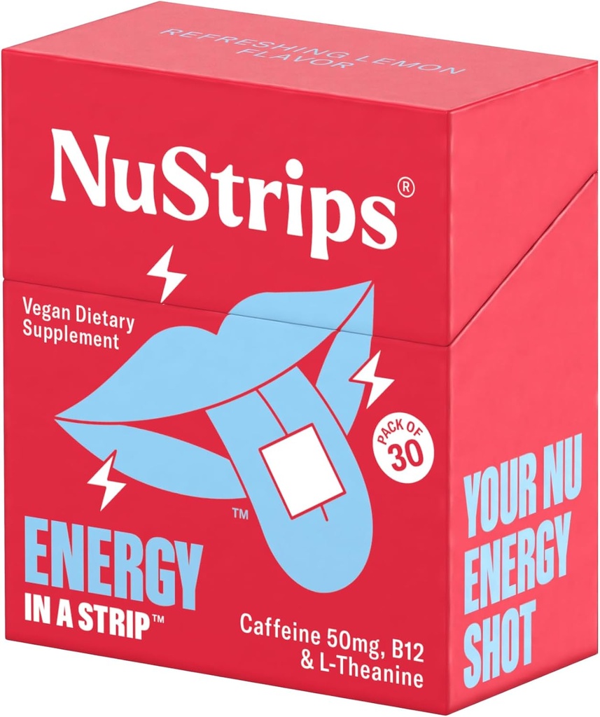 NuStripsTM Fast-Dissolving Energy Strips med 50mg Koffein, L-Theanin & Vitamin B12 - Instant Energy & Focus Utan Jitters eller Crash - Fungerar snabbare än kaffe - Uppfriskande citron - 30 Strips