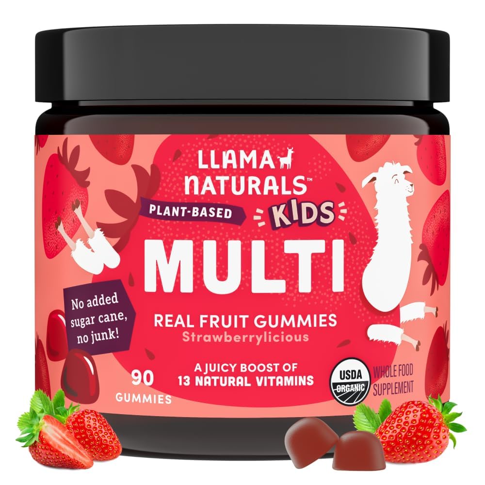 Llama Naturals Kids Multivitamin Gummies, Vegan, Organic med vitamin D, C & K, Toddler Real Fruit Gummy Vitaminer, Chewable Supplement, Whole Food Multivitamin, No Added Sugar Cane, Strawberry, 90 Ct