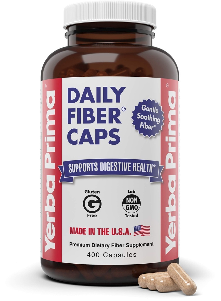 Yerba Prima Daily Fiber Caps Formel, 400 Capsules - Både lösliga och olösliga - med Psyllium Seed Husks, Acacia Gum, Apple Fiber och mer - Dietary Supplement