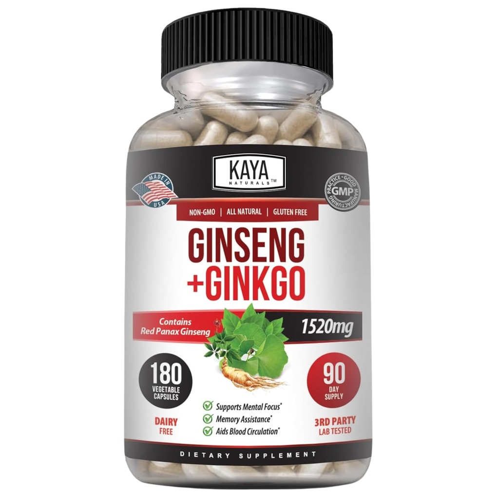 Kaya Naturals Red Panax Ginseng + Ginkgo Biloba - Nootropic Brain Supplement - Kognitivt och koncentrationsstöd - Brain Booster, Focus och Memory Supplement - 180 kapslar