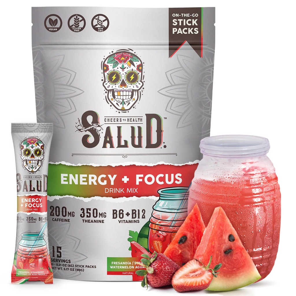Salud 2-i-1 Energy Drink Powder + Focus, Strawberry Watermelon, Organic Caffeine, B6 + B12, Theanine, Clean Energy Drink Packets, Fresandia Agua Fresca Mix, Non-GMO, Gluten Free, Vegan, 1g socker, (15 portioner)