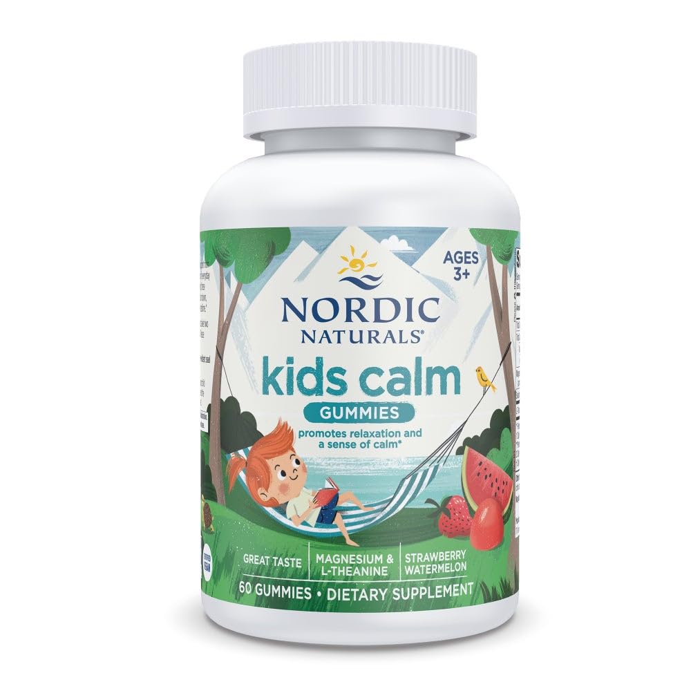 Nordic Naturals Kids Calm Gummies - Strawberry Watermelon - 60 Gummies - Magnesium L-Theanine Supplement - Calming för barn - Relaxation Support - Upp till 60 portioner