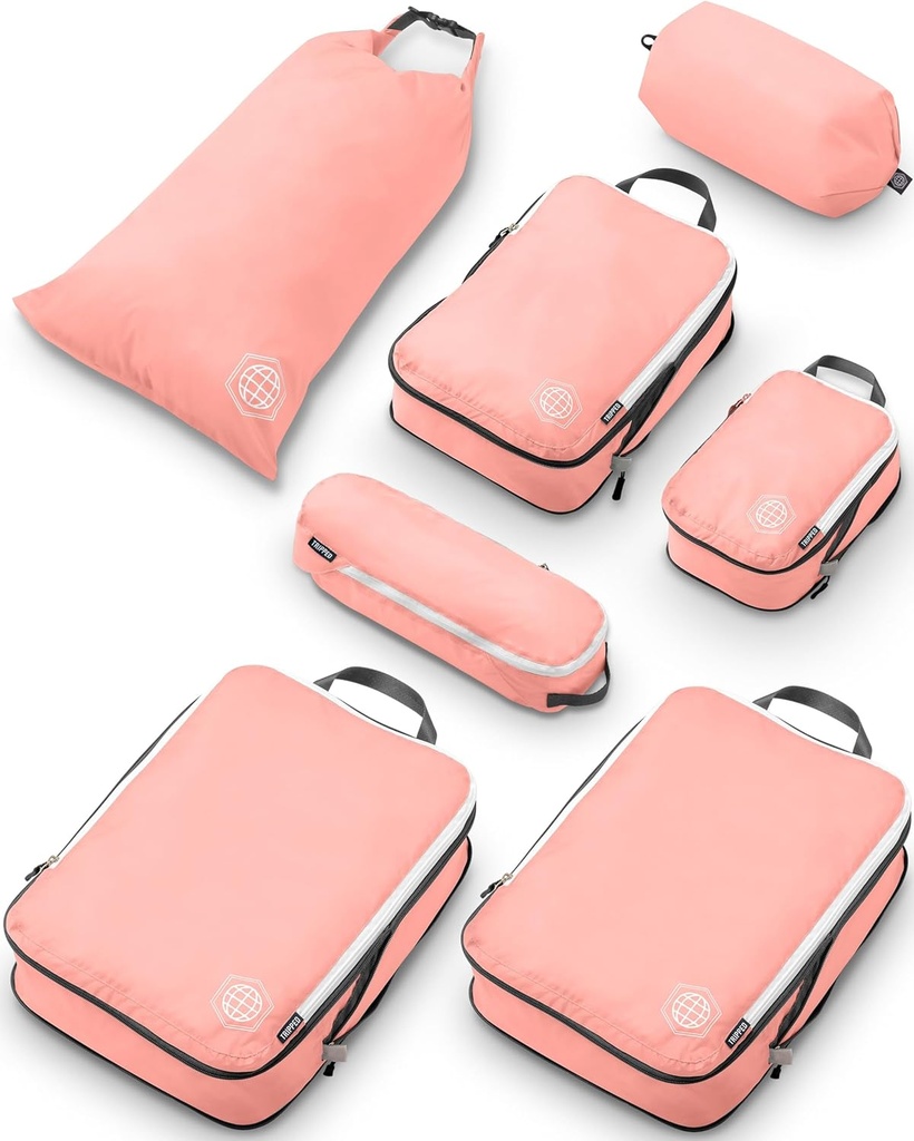 Stora Compression Packing Cubes för Travel-Packing Cube Luggage Organizers 7 Piece Set för Checked Luggage-Ultralight, Expandable / Compression Bags av TRIPPED Travel Gear (Dusty Rose)