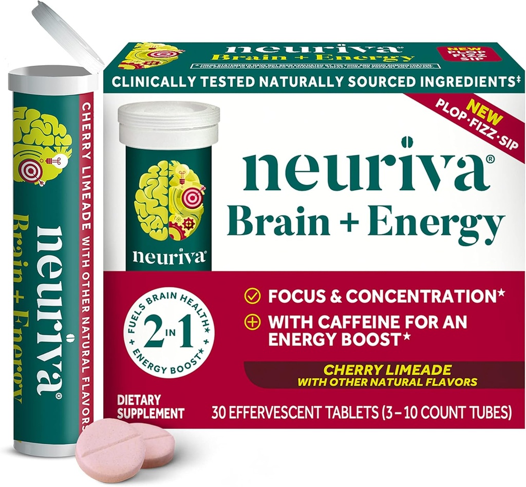 NEURIVA Brain + Energitillskott med kliniskt testad neurofaktor för fokus och koncentration, vitamin B12 och 150 mg koffein för omedelbar energiökning, 30ct Cherry Limeade Effervescent tabletter