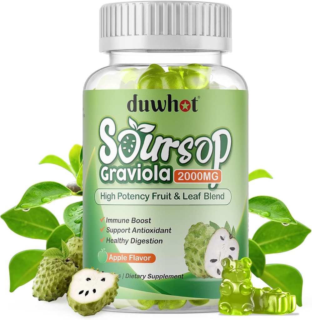 Soursop Gummies 2000MG, Soursop Leaf & Fruit Extract för vuxna, Soursop Fruits w / Vitaminc C för immunstöd, antioxidant och Digestive Aid, Vegan, 60 Counts
