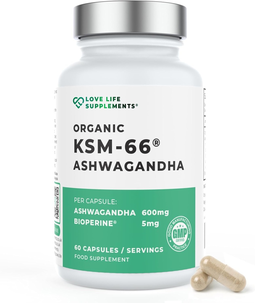 Love Life Supplements Organic Ashwagandha KSM-66®, 2 Month Supply - 60 Capsules, High Strength 600mg per Capsule, 5% Withanolides, Bioperine® för ökad absorption, Zero Fillers, Lab Tested