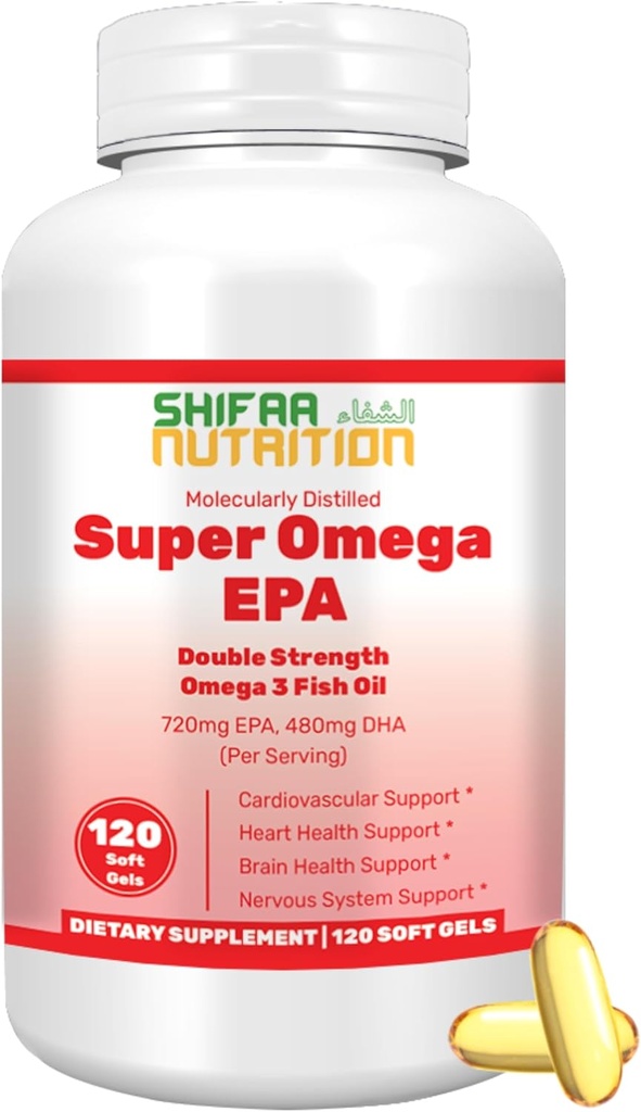 SHIFAA NUTRITION Halal Fish Oil Softgels 120 Ct, Double Strength - Halal Omega 3 Fiskoljetillskott. Vild fångad, icke-GMO & renad