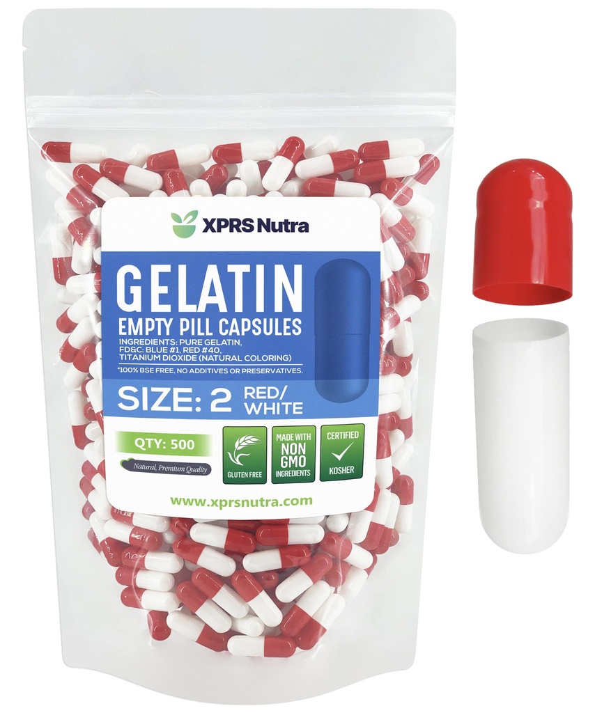 XPRS Nutra Size 2 Empty Capsules - 500 greve Empty Gelatin Capsules - Pills DIY Capsule Filling - Pure Bovine Pill Gel Caps for Do-It-Yourself Supplements (Red/White)