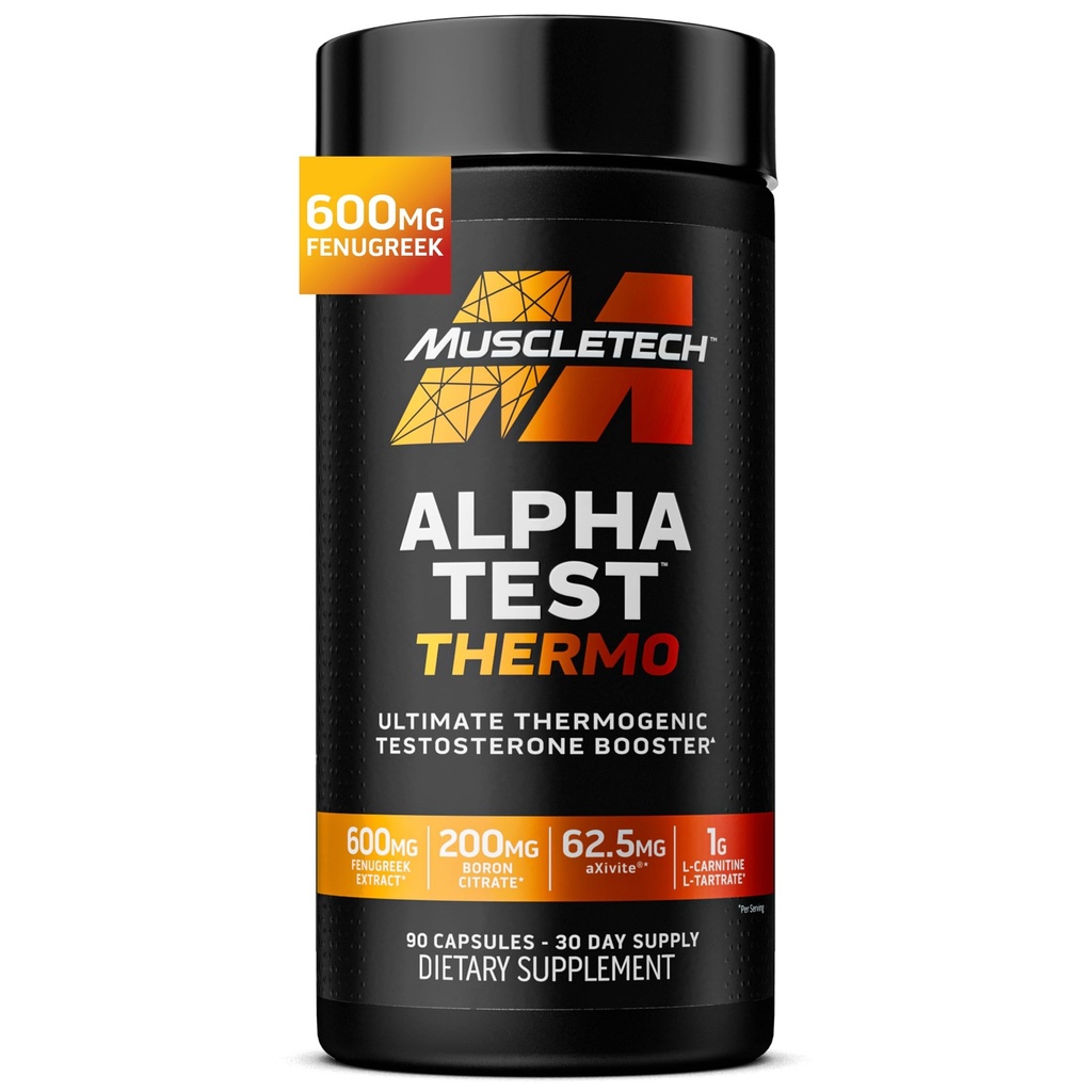 MuscleTech Thermogenic Testosteron Booster for Men, AlphaTest Thermo - T-Boost Mens Supplement med Tribulus Terrestris - Manligt gym träningstillskott för muskeltillväxt, Stamina & Energy - 90 piller