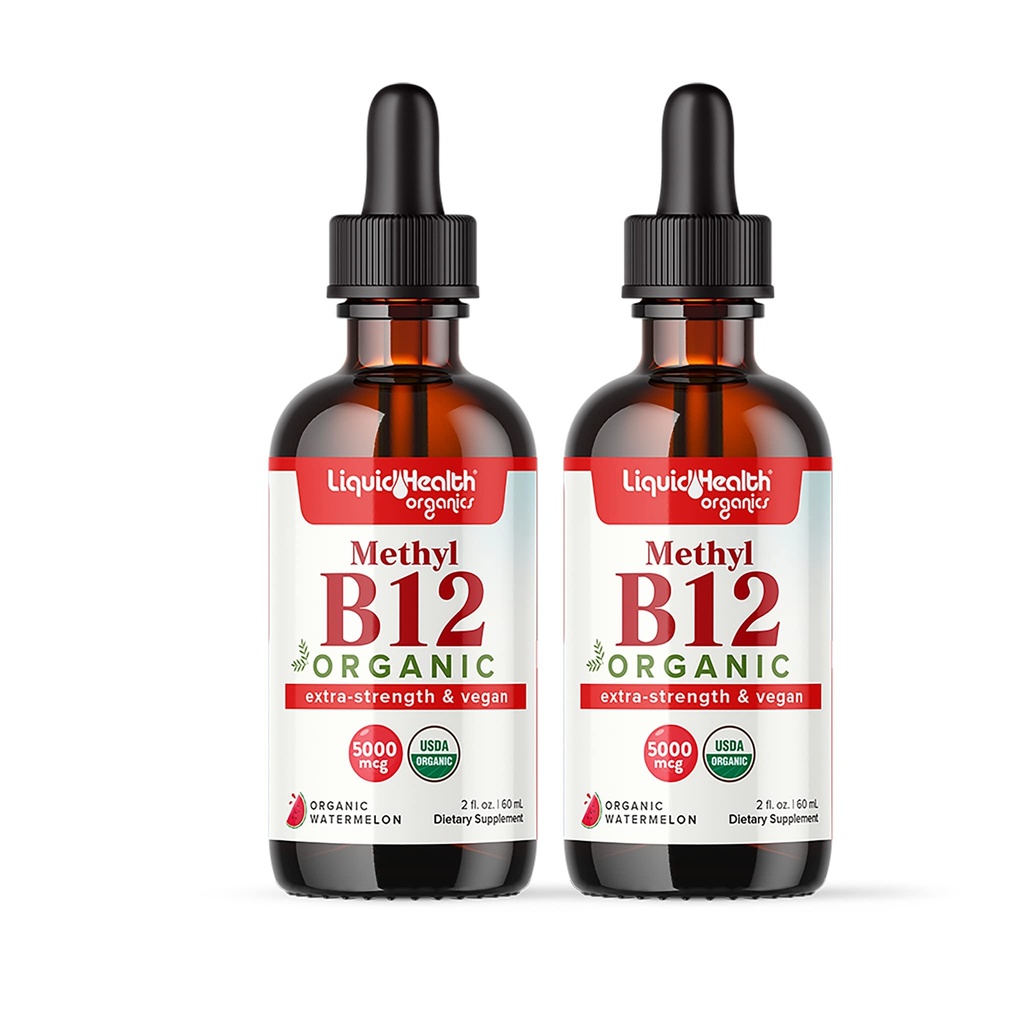 LIQUIDHEALTH USDA Organic Methyl Vitamin B12 Methylcobalamin Liquid Drops med Tart Cherry Juice - Boost Energy, Immune Support, Improve Memory & Concentration - USA Made, Vegan, Non-GMO (2 Pack)