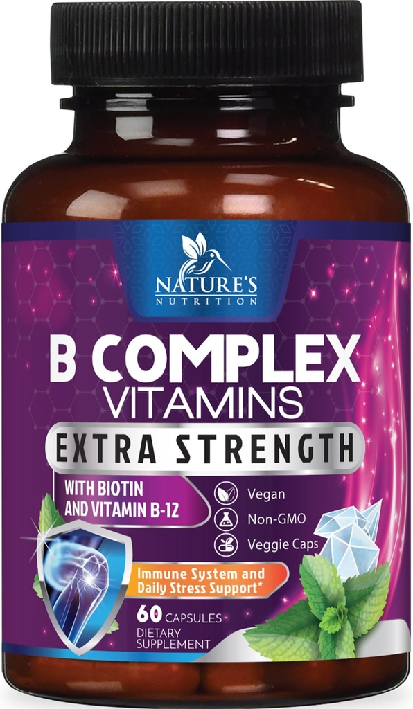 B Complex Vitamins Capsules - med vitamin B12 B6 B100 C Biotin Folate & Folic Acid - Tillägg för hjärta, hjärna och nervstöd - Super komplett B-komplex för Immune & Energy Support - 60 kapslar