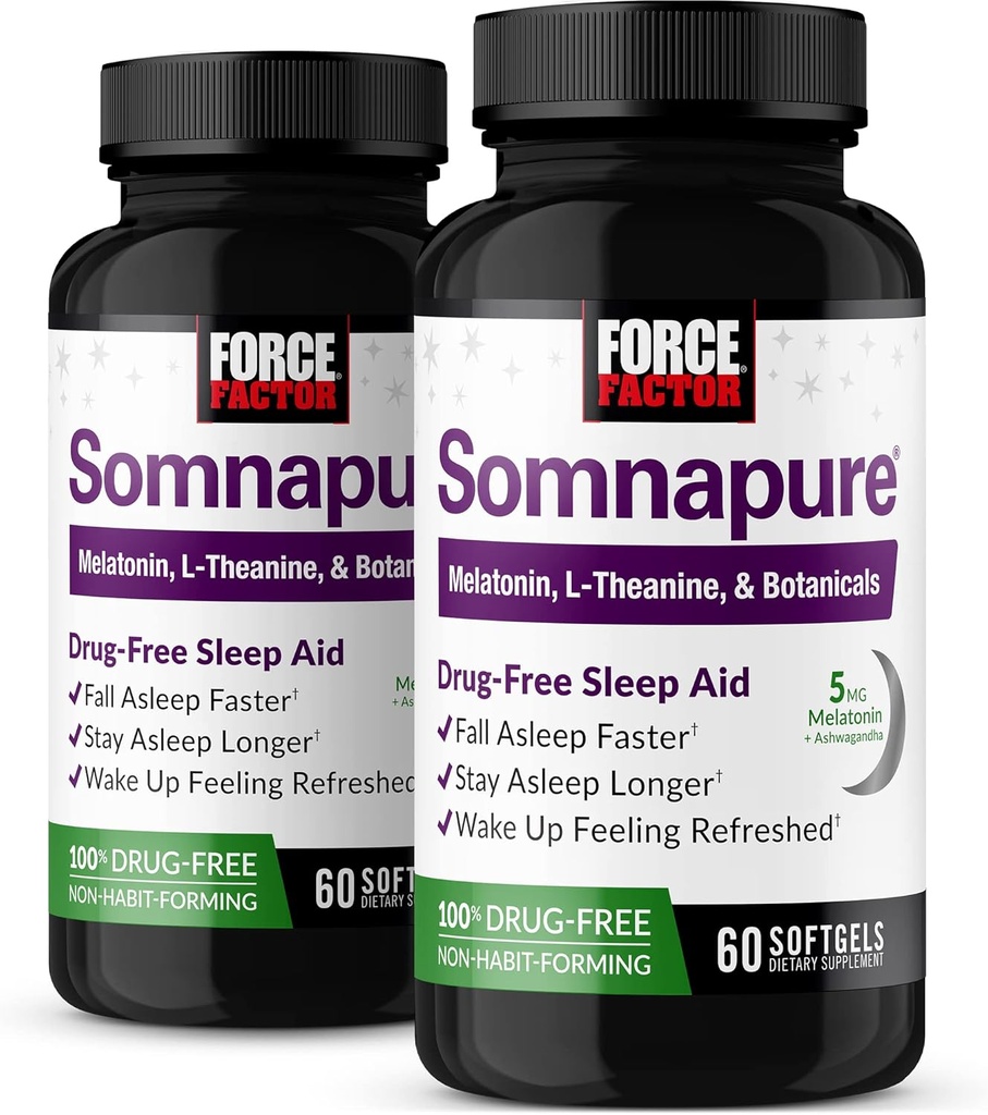 FORCE FACTOR Somnapure Softgels 2-Pack Sleep Aid för att somna snabbare, sova längre, vakna upp förfriskad sömnhjälp för vuxna med Melatonin, Ashwagandha, Valerian Root, 120 Softgels