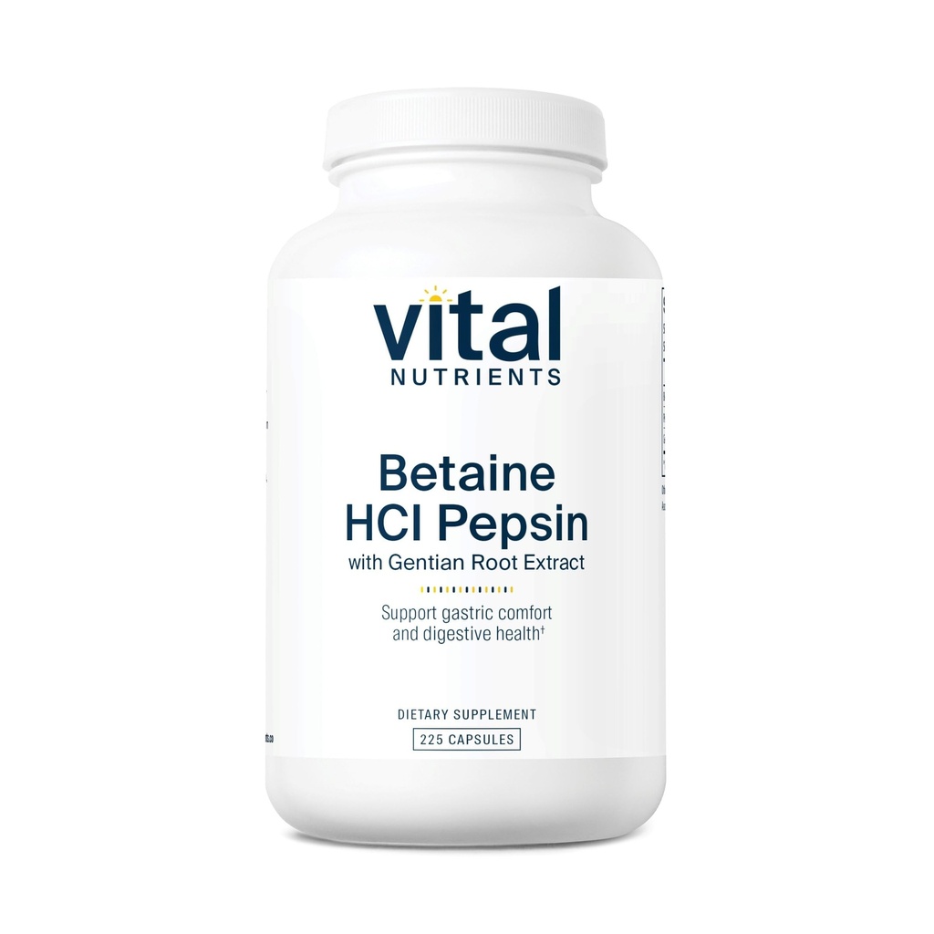 Vital Nutrients Betaine HCL Pepsin med Gentian Root Extract | Digestive Enzyme Formel för att stödja protein Digestion och Nutrient Absorption* | Gluten, Dairy, Soy Free | 225 kapslar