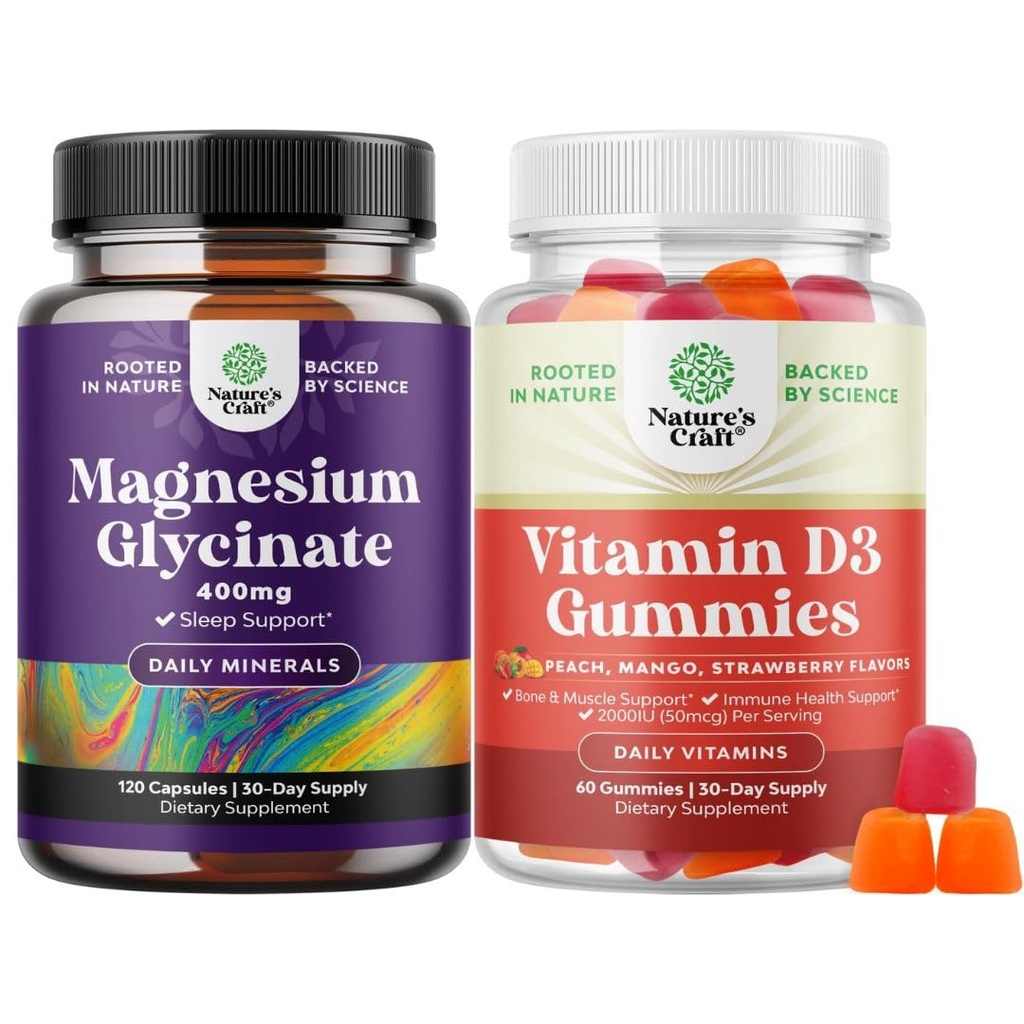 Bundle of Pure Magnesium Glycinate 400mg Per Servering för humörsömn och avkoppling och vitamin D3 Gummies för dagligt välbefinnande eller benmuskel och immunstöd