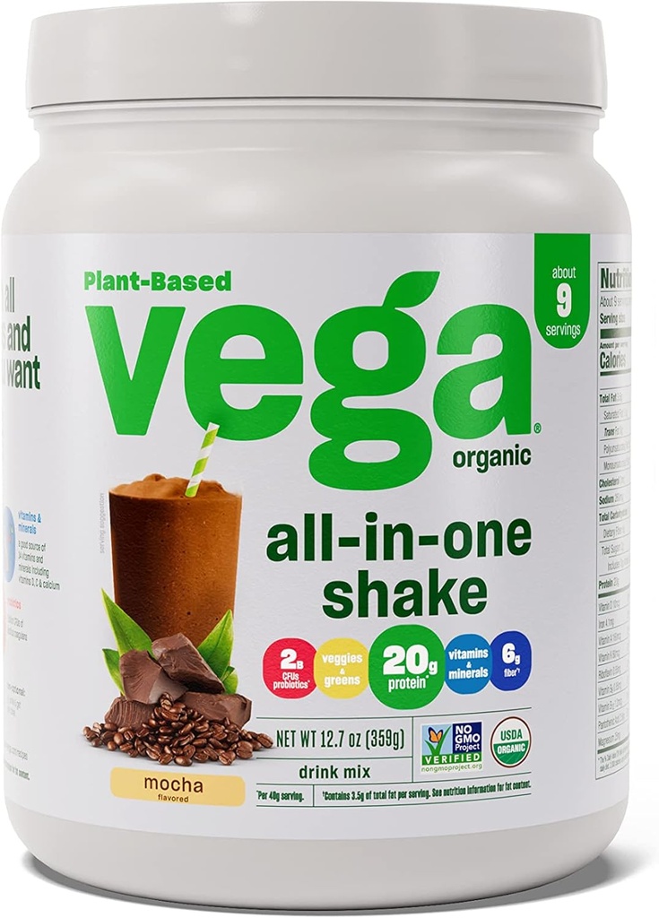 Vega Organic All-in-One Vegan Protein Powder Mocha (9 portioner) Superfood Ingredienser, Vitaminer för immunitetssupport, Keto Friendly, Pea Protein för kvinnor och män, 12.7oz (Packaging May Vary)