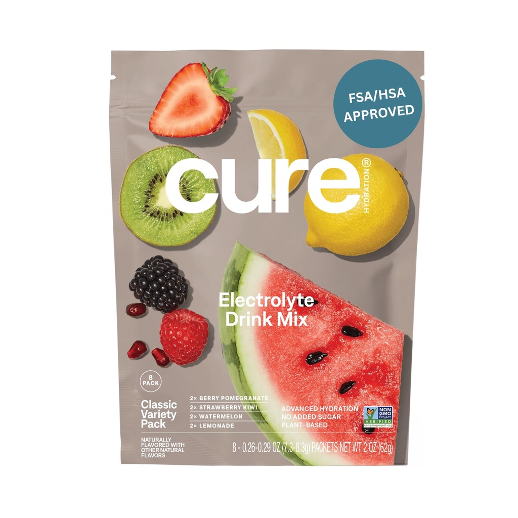 Cure Hydration | Plant-Based Electrolyte Drink Mix | No Added Sugar | FSA-HSA | Dehydration Relief Powder Made with Coconut Water | Icke-GMO | Vegan | 8 Packets - Variety Pack