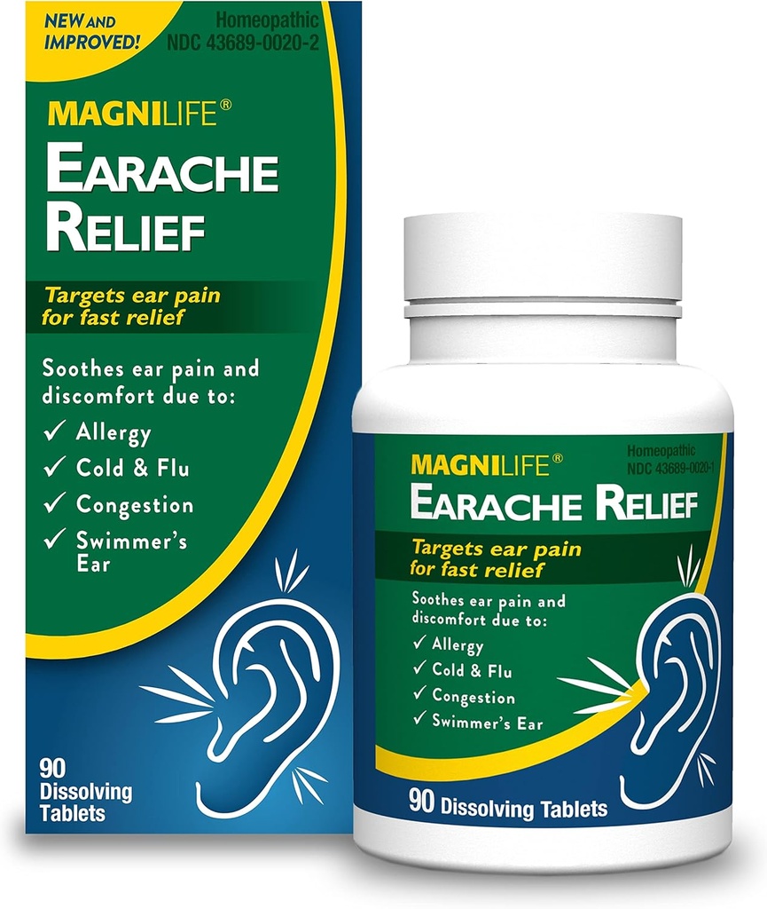 MagniLife Earache Relief, Fast-Acting Natural Relief för simmare öra, smärta och obehag från allergier, kallt och influensa - 90 Snabbupplösta tabletter