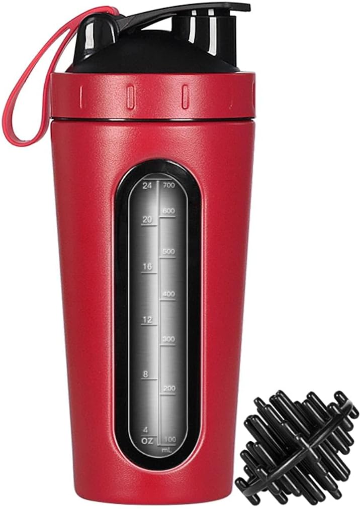 Protein Shaker Bottle, Stainless Steel Shaker Cup, Sports Mixer Water Bottle, Visible Window, Leak Proof, No BPA med Mixing Ball för gym Fitness Workout, 28 Ounce, Red