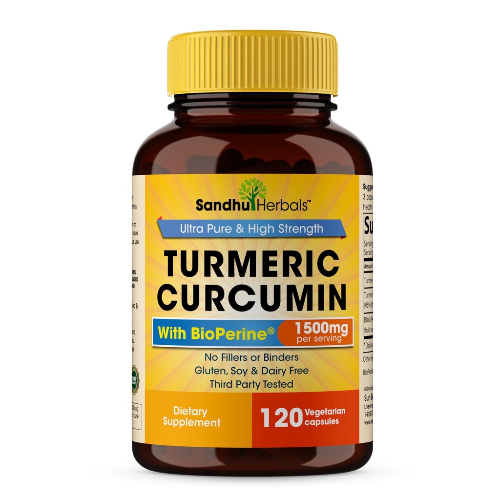 Sandhu Herbals Organic Turmeric Curcumin 120 kapslar med Bioperine Black Pepper Extract Supplement | 1500mg med 95% Curcuminoids | Immune Support