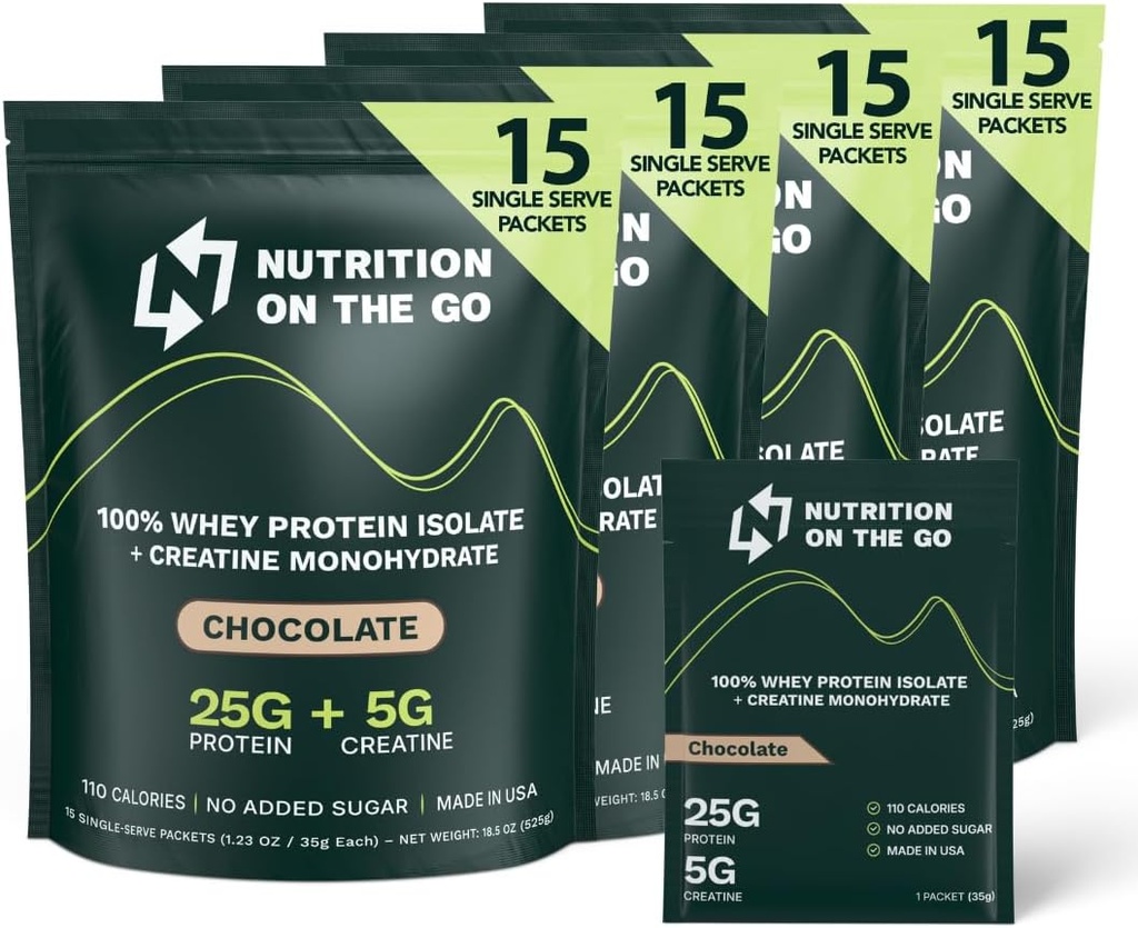 Näring på Go Whey Protein Isolate Packets med Kreatin - 25g Protein + 5g Kreatin - Single-Serve Travel Protein Powder - Choklad (60-pack)