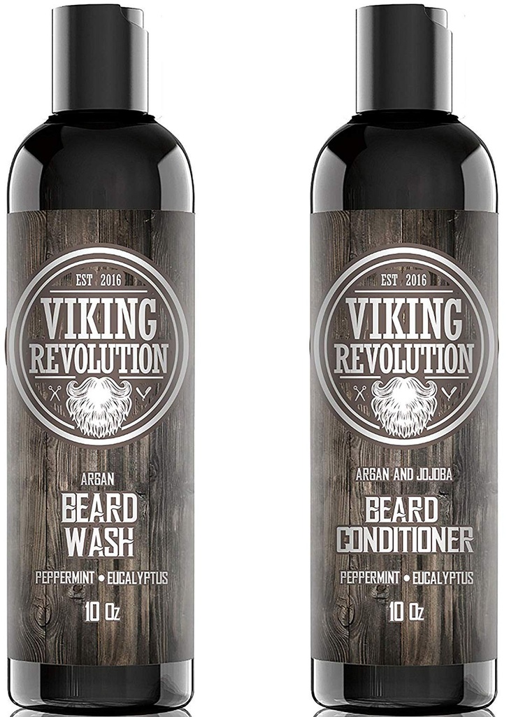 Viking Revolution Beard Shampoo och Conditioner Set - Top-tier Beard Care Kit med Argan & Joba Oljor för hälsosam skäggtillväxt, ingen kläckning eller irritation, Rich Lather, Eucalyptus Scent (10 oz)