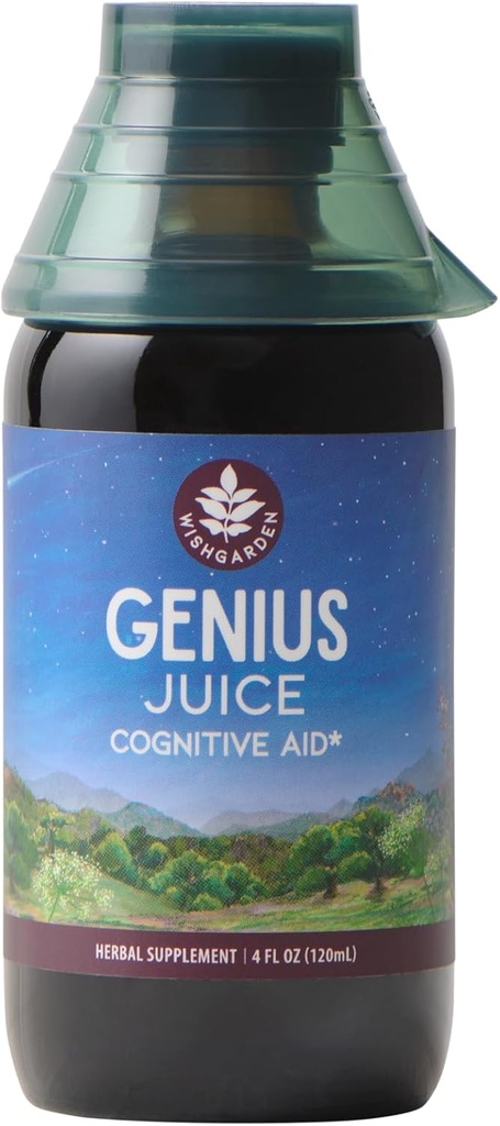 WishGarden Herbs Genius Juice - Liquid Herbal Nootropic Brain Booster Supplement för Focus, Clarity, Concentration & Energy med Ginkgo Biloba & Gotu Kola, kognitivt stöd, No Caffeine, 4oz