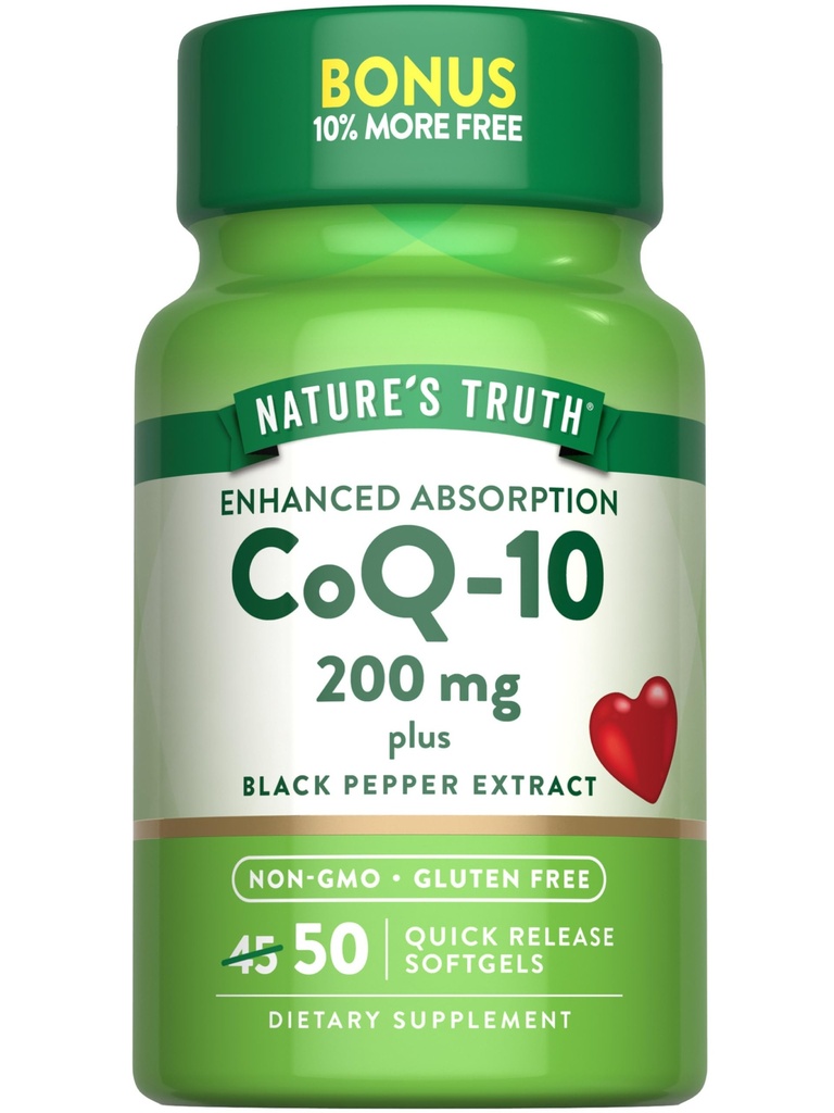 Naturens sanning Q10 200mg Softgels | 50 greve | Förbättrad Absorption Supplement | Plus Black Pepper Extract | Non-GMO, Gluten Free