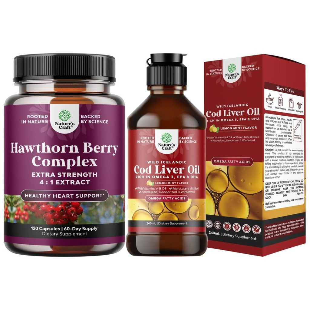 Bundle of Extra Strength Hawthorn Berry Capsules Hawthorn Extract Digestion and Heart Health Supplement och Icelandic Cod Liver Oil Liquid Wild Caught Nordic Omega 3 Fish Oil Liquid för vuxna och barn
