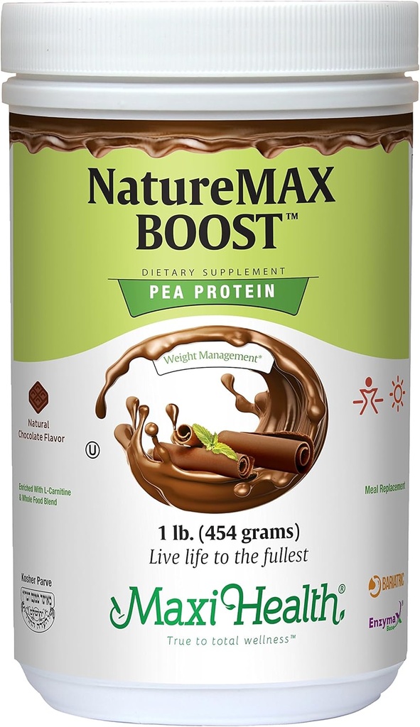 NatureMax BoostTM Pea Protein Powder - Energi Supplement Meal Replacement - 20g Protein Per Servering - Naturlig Choklad smak - Kosher Vitamin - 1lb.