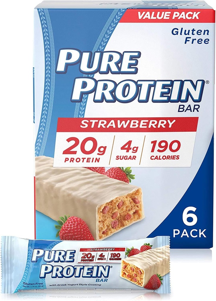 Rena proteinbarer, hög protein, näringsrika snäckor för att stödja energi, låg socker, glutenfri, jordgubbs grekisk yoga, 1,76oz, 6 Pack