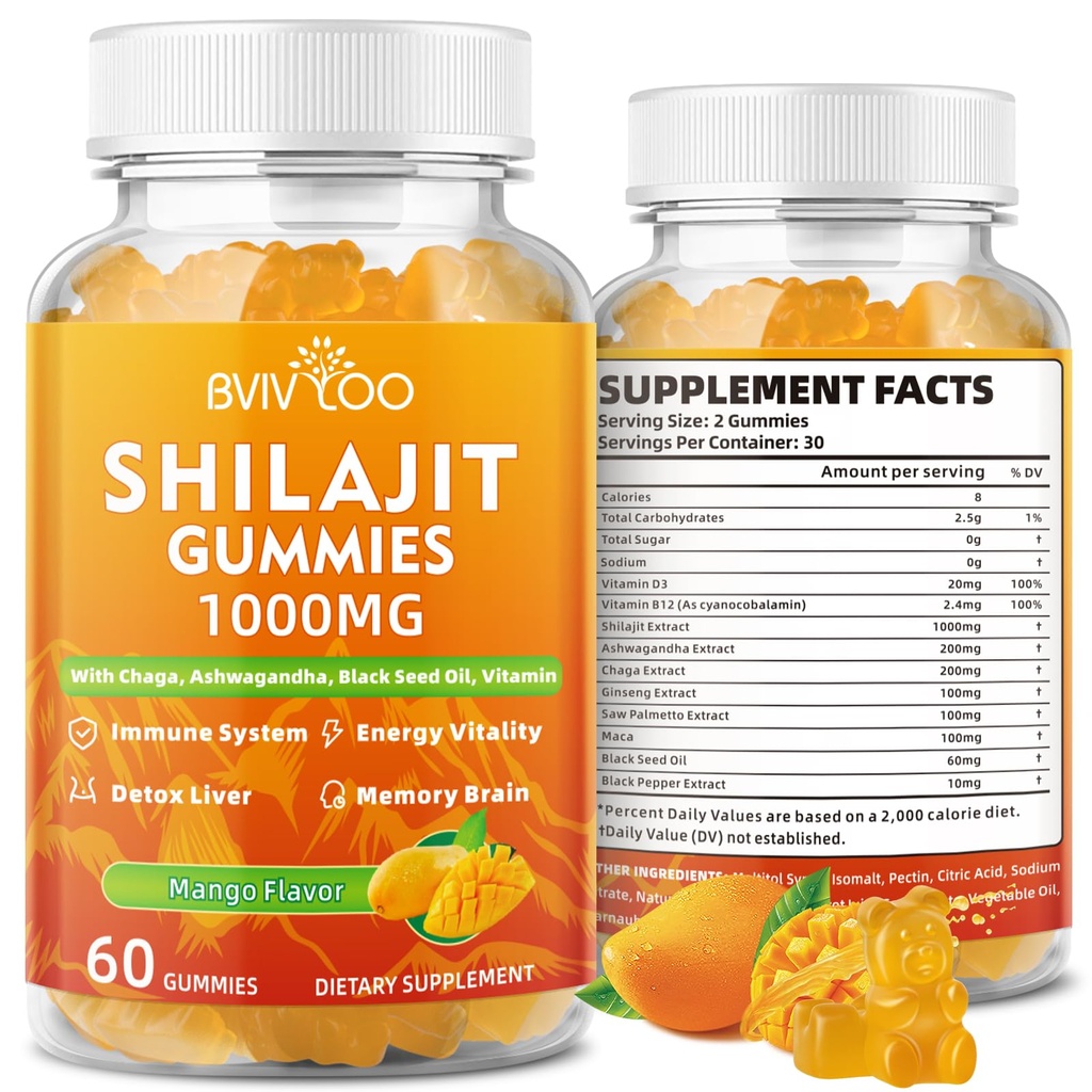 Shilajit Gummies 1000mg Sugar Free - Shilajit Supplement för män och kvinnor - Högt i 85 + Trace Minerals & Fulvic Acid - Energi, hjärna, immunitet - 60 Gummies