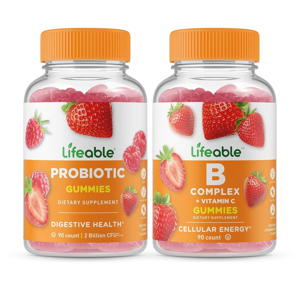 Livlig probiotisk 2 miljarder CFU + B-komplex, Gummies Bundle - Stor smak, vitamintillskott, Gluten Free, GMO Free, Chewable Gummy