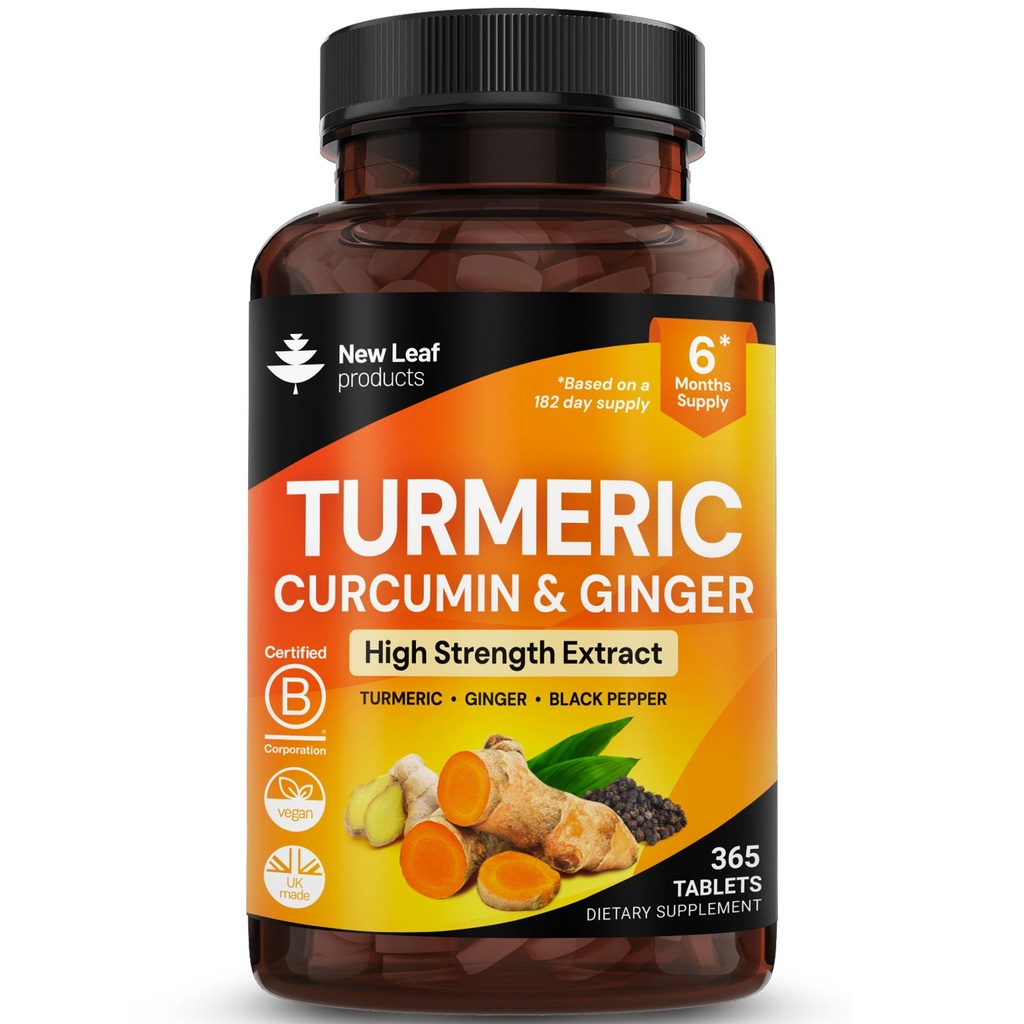 Gurkmeja tabletter - Hög styrka extrakt med Black Pepper & Ginger (365 tabletter) Aktiva 95% gurkmeja Curcumin Supplements, Vegan, GMP, GMO Free Gluten Free, UK Made by New Leaf