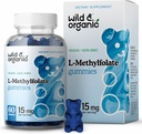 Wild & Organic L-Methylfolate 15mg Gummies - Mood & Brain Support - Folat 5-MTHF Supplement för Brain, Focus, Clarity - Folat Supplement w / Vitamin B9-60 Non-GMO L Methylfolate Gummies