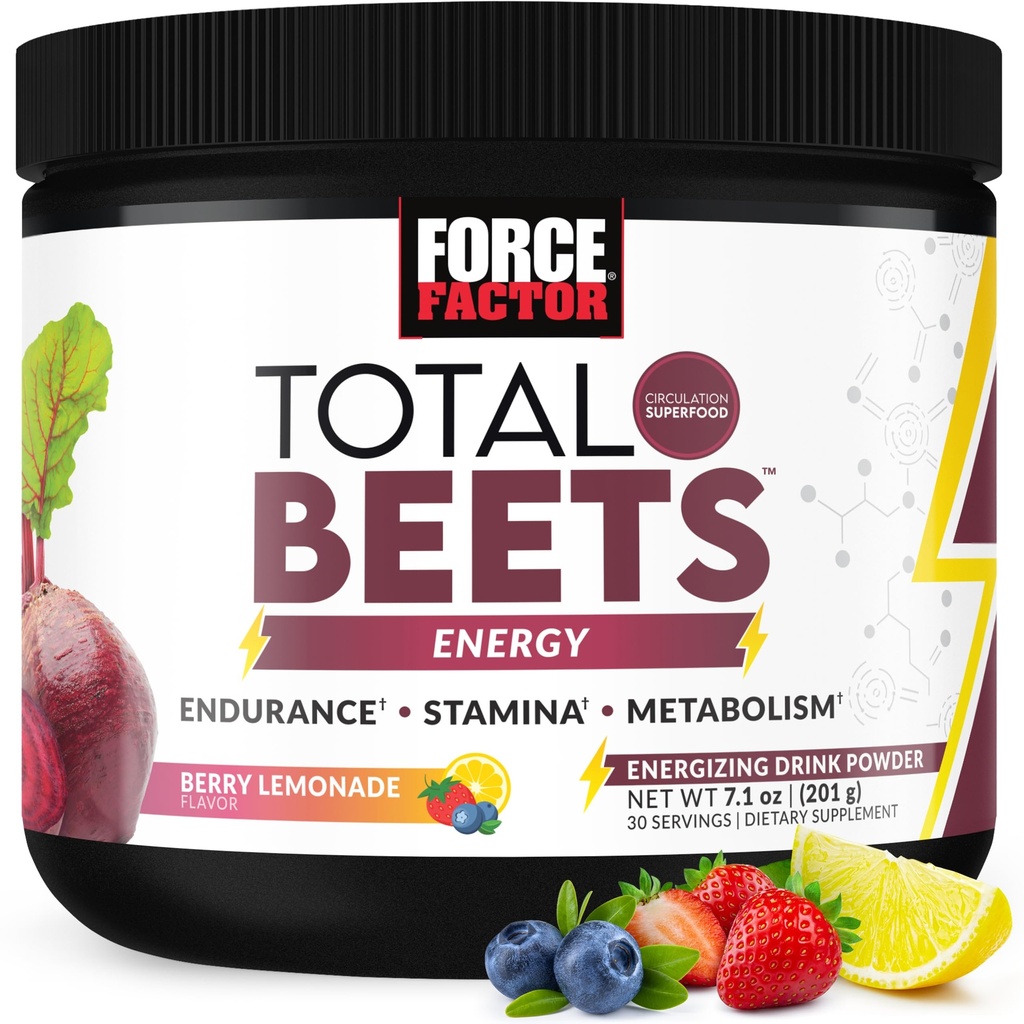 FORCE FACTOR Total Beets Root Powder med energi, NO3-T® Nitrater för att stödja cirkulation, blodtryck, blodflöde och uthållighet - Plus Green Tea Extract. Superfood Supplement, 30 portioner