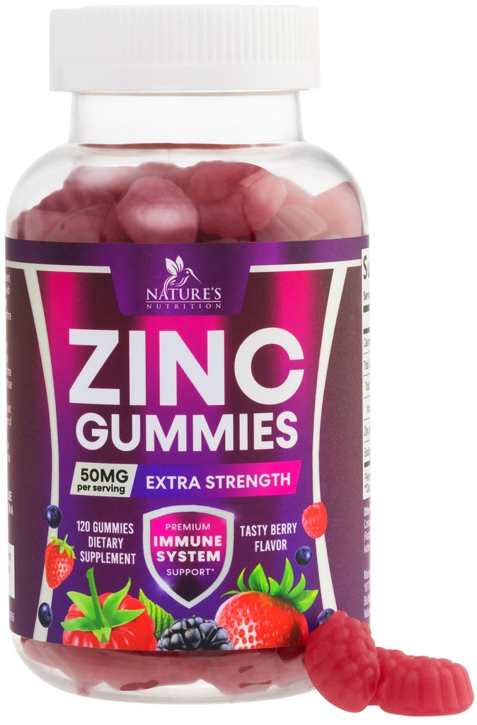 Zink Gummies 50mg - Bone Skin & Immune Support Health Gummy & Premium Antioxidant Chewable för vuxna - High Absorption Vegan, Gluten Free Zink Supplements Vitamin - Tasty Berry Flavor - 120 Gummies