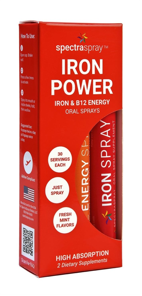 SpectraSpray Iron & B12 Vitamin Liquid Oral Spray Kit - Food Grade Iron som en Essential Daily Mineral och B12. Vegan, glutenfri och högeffektiv, 30 dagars leverans per spray