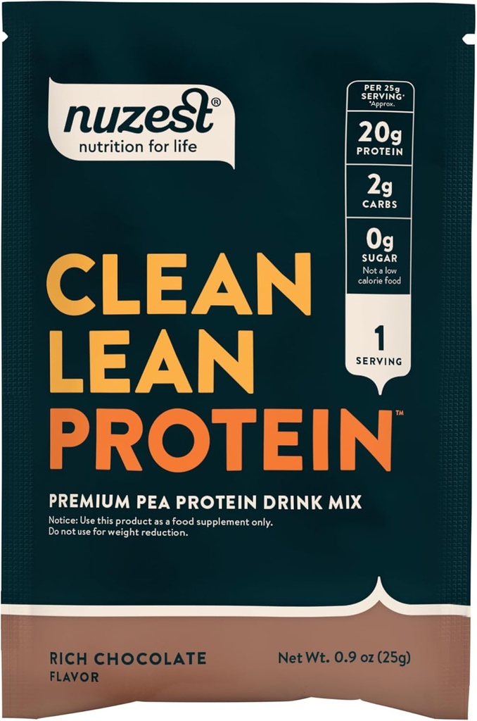 Nuzest - Pea Protein Powder - Clean Lean Protein, Premium Vegan Plant Based Protein Powder, Dairy Free, Gluten Free, GMO Free, Naturally Sweetened Protein Shake, Rich Chocolate, 1 Servering, 0,9 oz