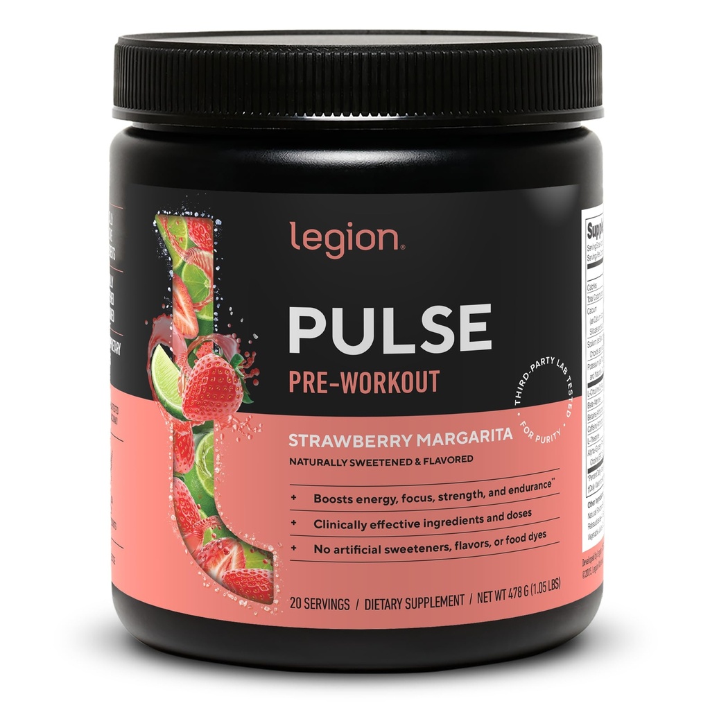 LEGION Pulse Pre Workout - All Natural Nitric Oxide Preworkout Drink för att öka energi, kreatinfri, naturligt sötad, Beta Alanine, Citrulline, Alpha GPC (Strawberry Margarita)