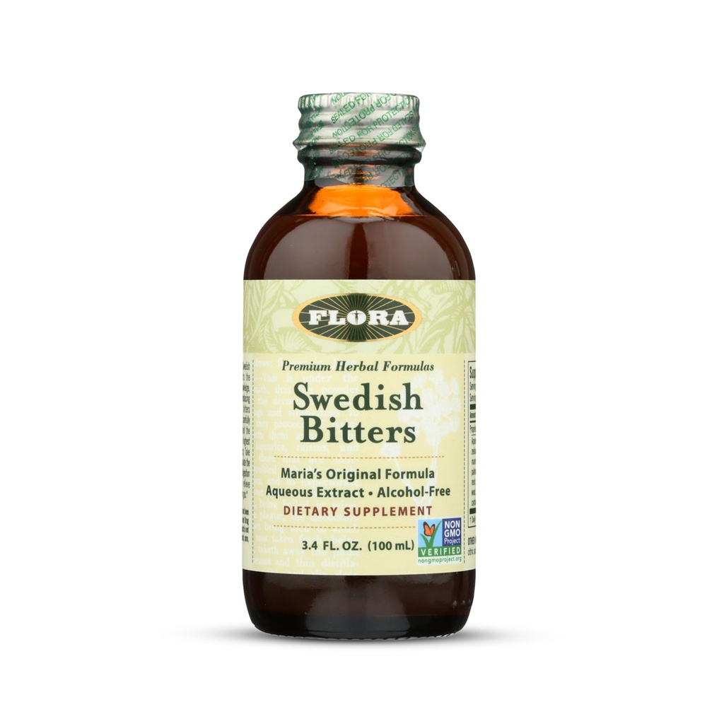 Flora - Svenska Bitters for Digestion, Alcohol-Free Bitters Hjälp Bloating & Digestion, Marias ursprungliga Formel Aqueous Extract, Vegan, Kosher, Non GMO, 3.4-fl. oz. Glasflaskan