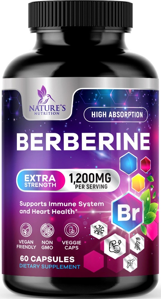 Berberine HCL 1200mg Supplement - Berberine HCI Capsules High Absorption Supplement för hjärthälsa och immunstöd, hög styrka, glutenfri, Vegan, icke-GMO piller - 60 Veggie kapslar