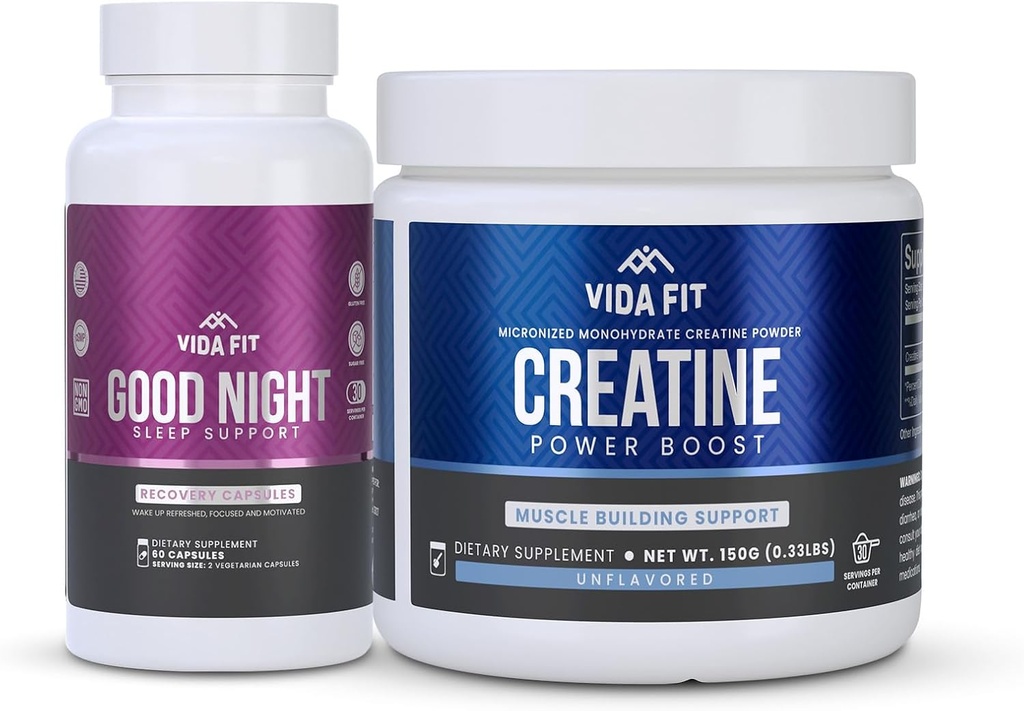 Good Night Natural Sleep Aid (60 kapslar) & Micronized Kreatin Monohydratpulver (150g) Bundle - Natursömn Support med Melatonin, Ashwagandha & L-Theanin, Plus Pure Vegan Kreatin för Förbättring