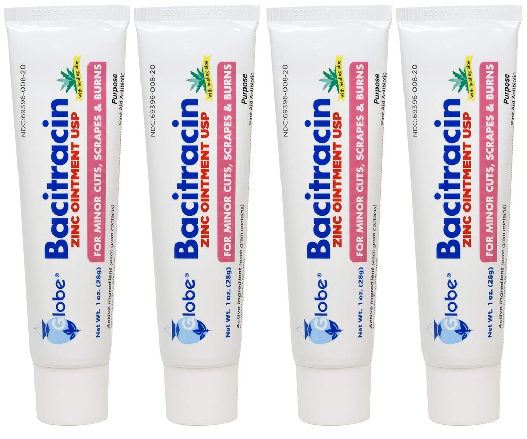(4 Pack) Globe Bacitracin Zink Ointment + Aloe 1oz, Antibiotisk salva, Essential Antibiotic First Aid Supplies, Healing Action, Maximal Antibiotic Power, förhindrar infektion i nedskärningar, skrapor, Burns