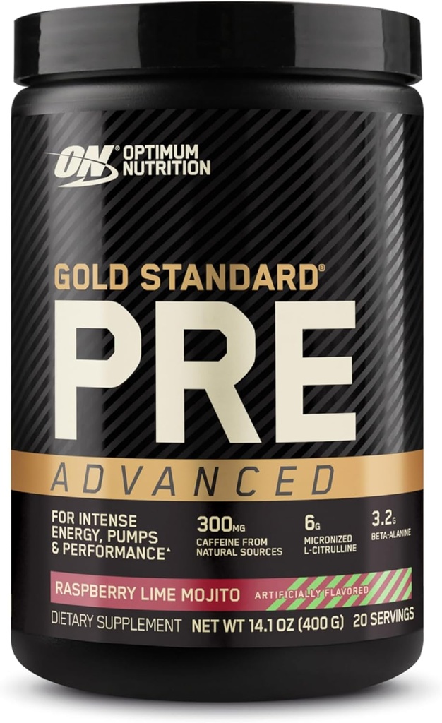Optimum Nutrition Gold Standard Pre Workout Advanced, med Creatine, Beta-Alanine, Micronized L-Citrulline och koffein för energi, Keto Friendly, Raspberry Lime Mojito, 20 portioner