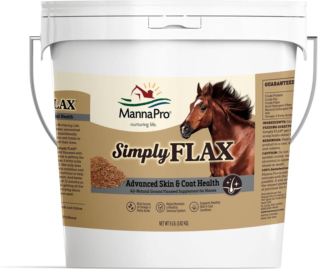 Manna Pro Simply Flax for Horses – Omega-3 Rich Flaxseed Supplement – Supports Coat Health, Joint Function & Immune System – Natural Source of Essential Fatty Acids – Ground Flax – 8 lb Bag