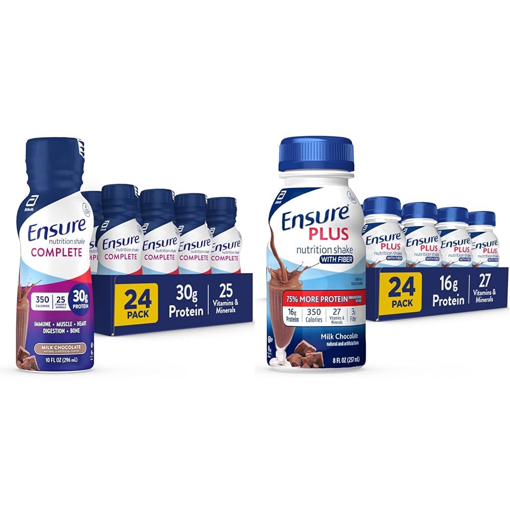 Säkerställ COMPLETE Nutrition Shake & Ensure Plus Nutrition Shake med fiber, 16 Grams of Protein, Meal Replacement Liquid, Milk Chocolate, glutenfri, 8 Fl Oz (Pack of 24)