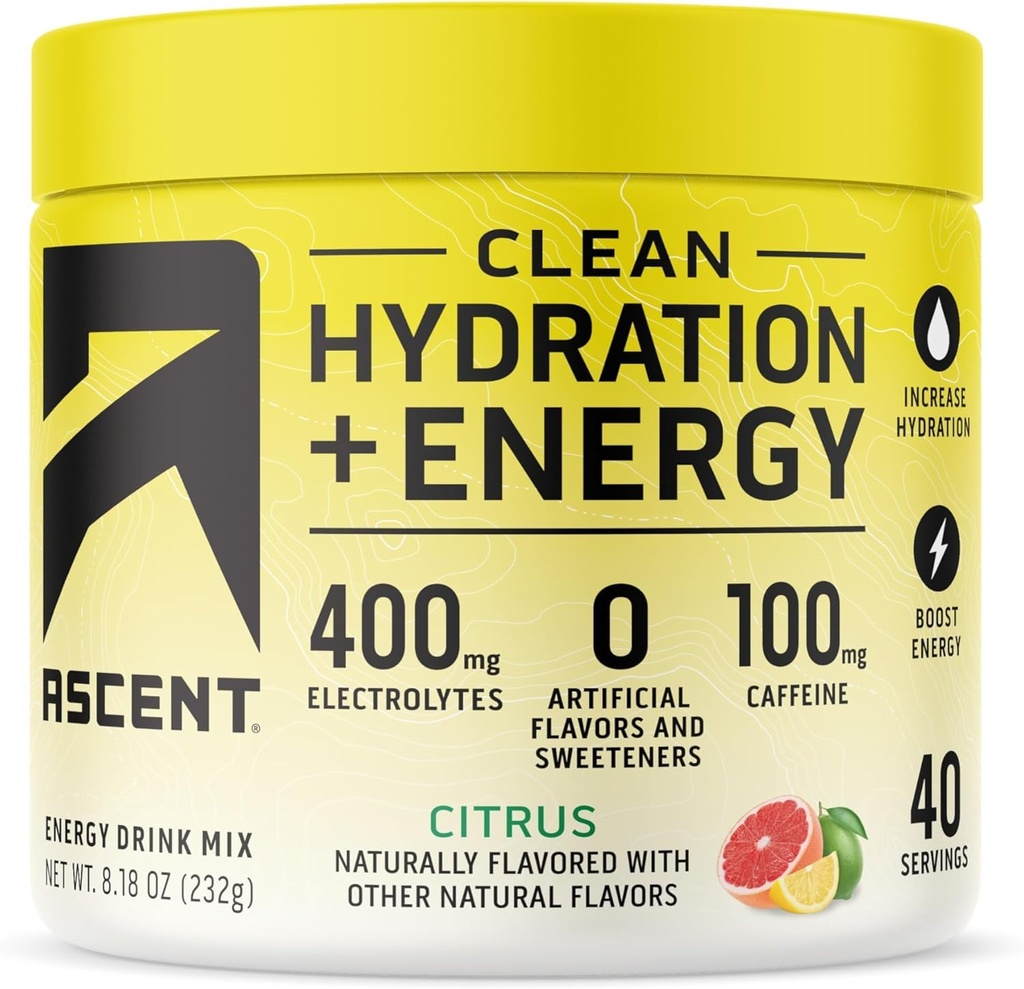 Ascent Clean Hydration + Energy Electrolytes Powder - 100mg koffein, 400mg Electrolytes, inga artificiella ingredienser, Citrus 40 portioner